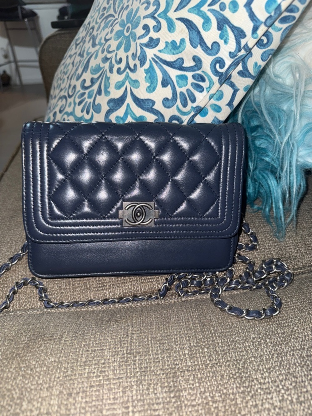 Navy Quilted Leather Crossbody with Silver-Tone Chain